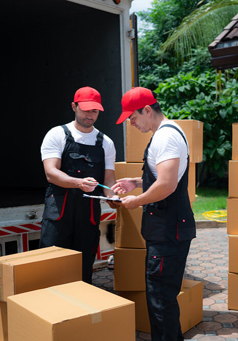 Movers reviewing an inventory checklist at the back of a truck in West Bloomfield Twp., MI