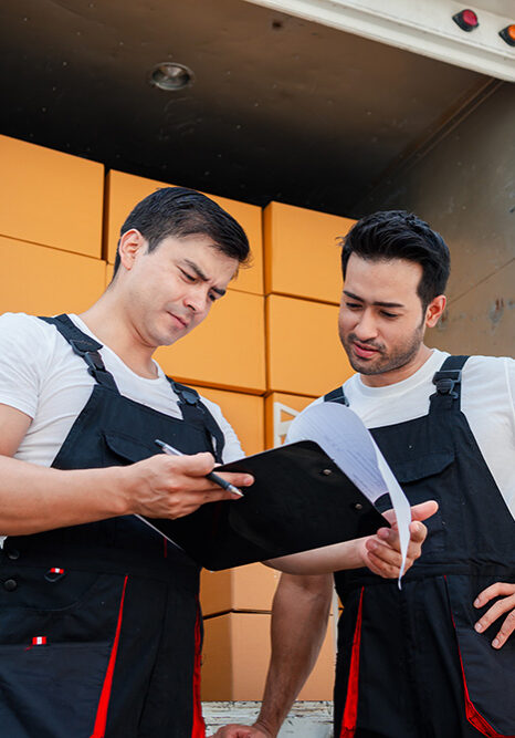 Professional movers reviewing an inventory checklist at the back of a truck in Livonia